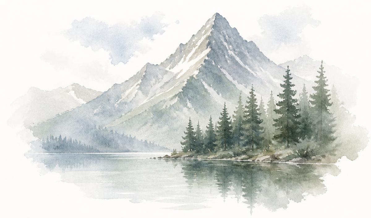 Watercolor painting of a mountain over a still lake